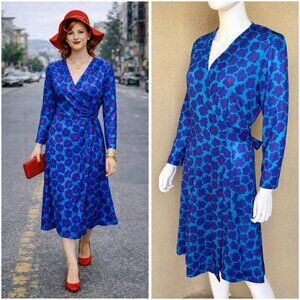 Vintage Americana Electric Blue Floral Wrap Dress 12P